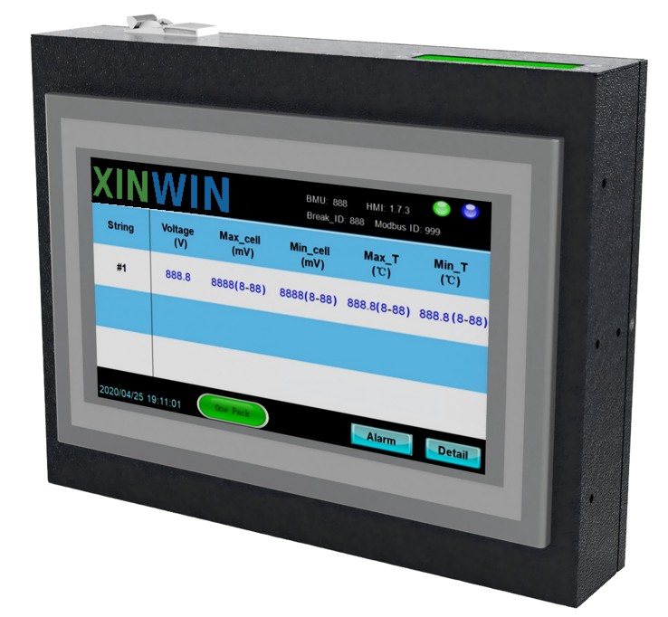 LABMS 現場顯示單元 HMI:顯示各串電池的電壓、最高與最低電芯電壓及溫度
